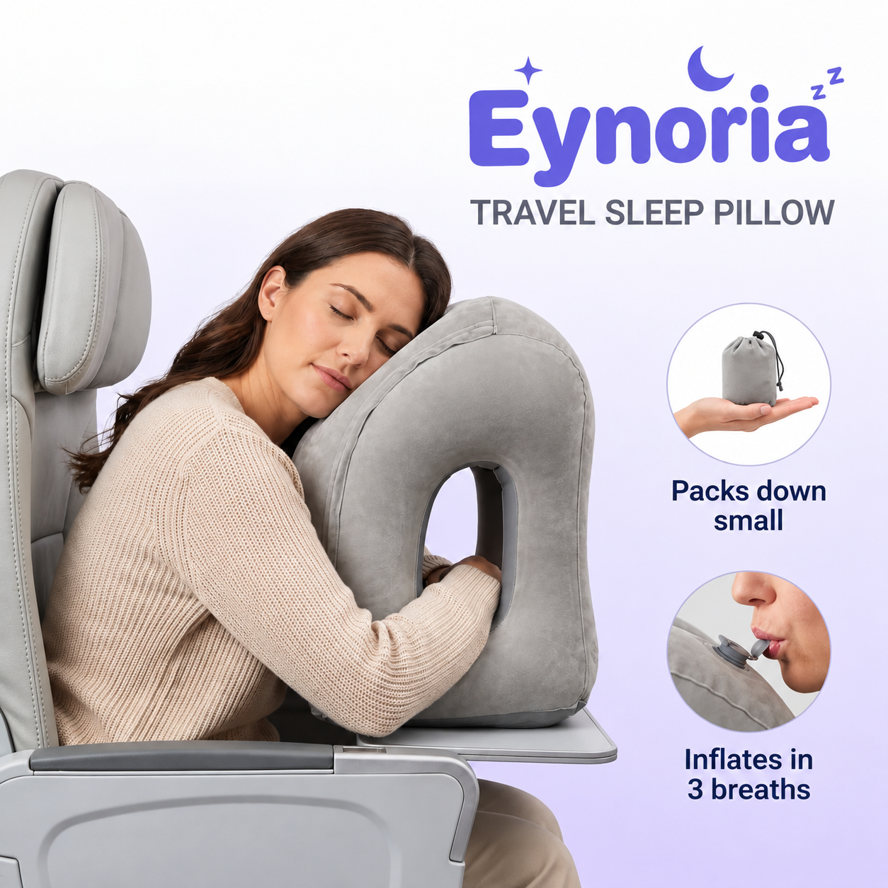 Traveler sleeping on the Eynoria Sky Nap travel sleep pillow on an airplane tray table