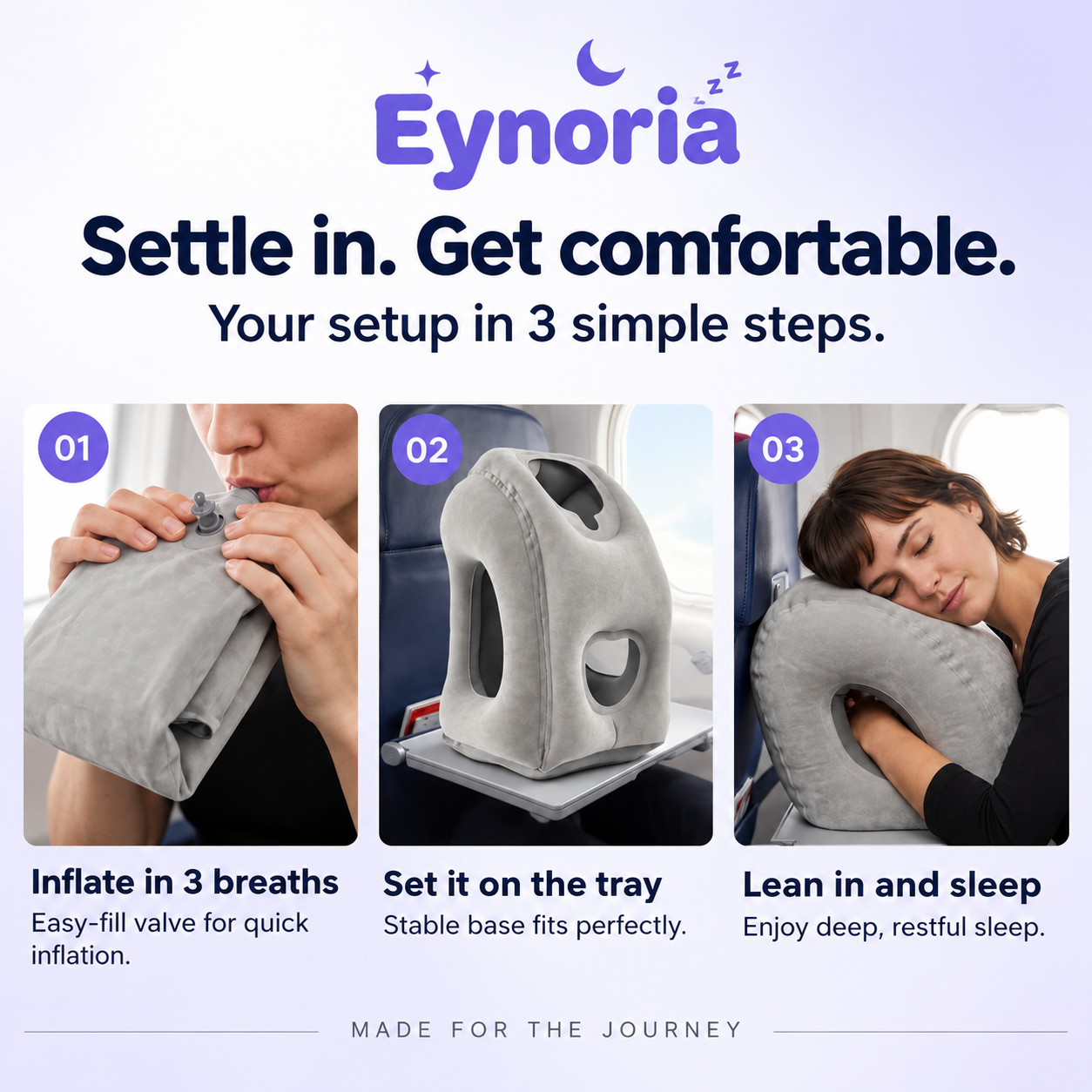 Three steps: inflate in 3 breaths, set it on the tray, lean in and sleep